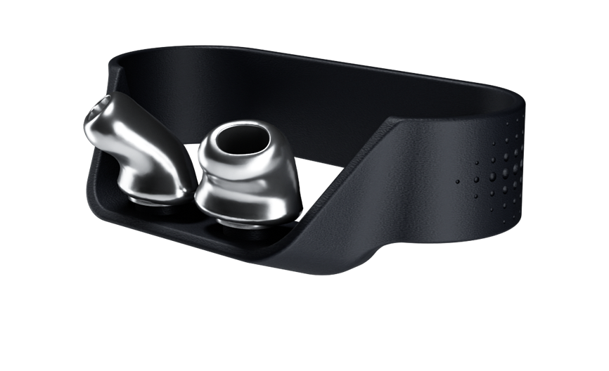 Der snug Ring aus robustem Thermoplast hält beide Titan-Otoplastiken sicher und griffbereit
