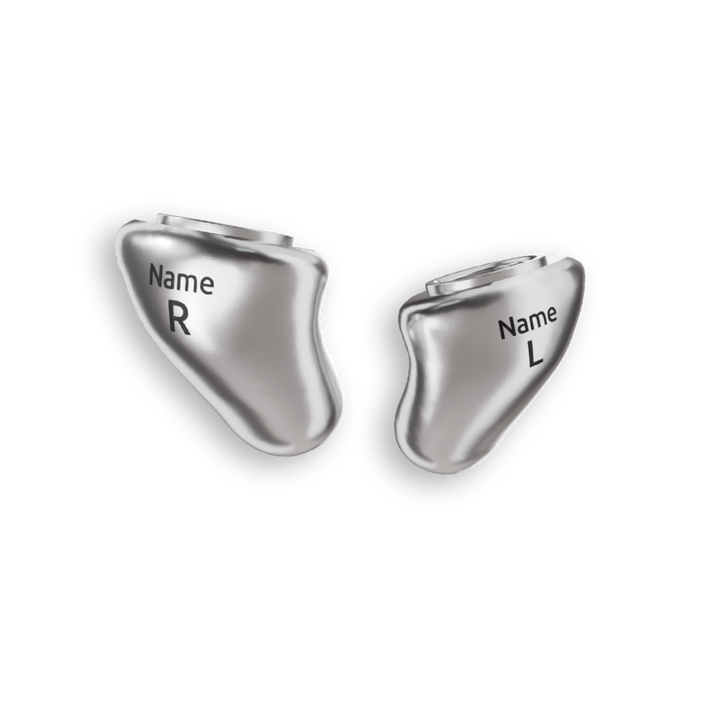 Maßgefertigte snug Titan-Otoplastiken (links und rechts) für Apple AirPods Pro, aus poliertem Titan mit individueller Gravur